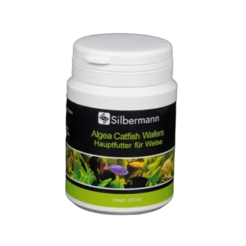 Behälter mit Silbermann Algen Wels-Waffeln, 250 ml, mit einem schwarzen Etikett, das bunte Fische und Wasserpflanzen zeigt.