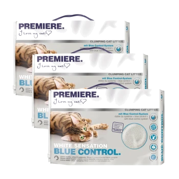 Drei Säcke Premiere Klumpstreu für Katzen, beschriftet mit "White Sensation Blue Control," mit einem verspielten Katzenbild und dem Text "Ich liebe meine Katze."
