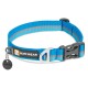 Blauer Hundehalsband mit grauen Streifen, mit einer Metallschnalle und einem Etikett, das das "Ruffwear"-Logo zeigt.