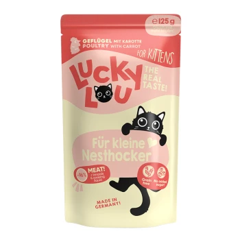 Nassfutter Katze Kitten Geflügel 16x125 g Beutel mit Lucky Lou Kittenfutter mit Geflügel und Karotte, beschriftet mit "Für Kätzchen", mit einer verspielten Katze und dem Anspruch von 96% Fleisch, getreidefrei, ohne Zucker.