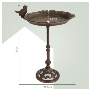 Dekorativer Vogelbad mit einer Vogelstatue am Rand, 38 cm hoch, 24,5 cm breit und 18,5 cm tief.