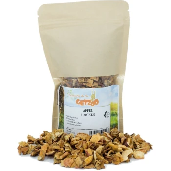 Apfelflocken 100g Getrocknete Apfelstücke in einem wiederverschließbaren Kraftbeutel mit dem Aufdruck "GETZOO APFEL FLOCKEN", mit Angaben zu natürlichem Tierfutter und einem Hasenlogo.