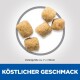 Bild von fünf Haustierfutterpellets, etwa 7 x 7,8 mm groß, mit dem Text "Köstlicher Geschmack" am unteren Rand.