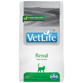 VetLife Renal Katzenfutter, 400g Packung, mit einem grünen Etikett, das besagt: "Futter für Katzen mit besonderen Ernährungsbedürfnissen."