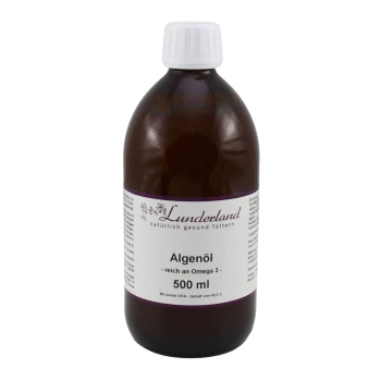 Braune Flasche Lunderland Algenöl, 500 ml, weißer Verschluss und Etikett mit der Aufschrift „Algenöl – reich an Omega‑3“.