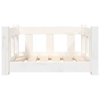 Weißes Holzhaustierbett mit slatted Basis und offenen Seiten für Belüftung. Ideal für kleine bis mittelgroße Haustiere.