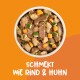 Oranger Hintergrund mit weißem Text: "Schmeckt wie Rind & Huhn," listet Vorteile wie glutenfrei, hoher Proteingehalt und gesunde Haut auf.