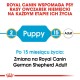 Karma dla psów Royal Canin dla owczarków niemieckich, wskazująca etapy od 2 miesięcy (szczeniak) do 15 miesięcy (dorosły), z notatką o przejściu.