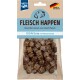 Hundeleckerli-Packung mit der Aufschrift "Fleisch Happen", mit einer Illustration eines Hundegesichts, die "100% Ente im Fleischanteil" und "Hergestellt in Deutschland" angibt.