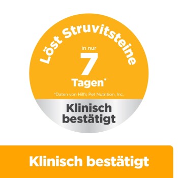 Orange-silbernes Abzeichen mit dem Text 'Löst Struvitsteine in nur 7 Tagen' und 'Klinisch bestätigt'.