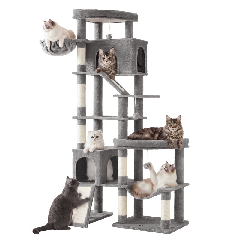 FEANDREA Kratzbaum, 202 cm hoch, Katzenbaum, für große Katzen, Katzenkratzbaum hellgrau