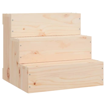 Holzhaustiertreppe mit drei Stufen, mit natürlichem Finish und sichtbaren Schrauben zur Montage.