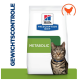 Hill's Prescription Diet Metabolic kattenvoerzak met een tabby kat met een blauwe halsband, met de tekst 'Gewichtscontrolle' en 'METABOLIC'.