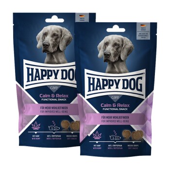 Happy Dog Calm & Relax funktionaler Hundesnack mit Hanf und L-Tryptophan zur Verbesserung des Wohlbefindens, weiche Drops.