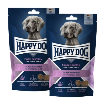 Happy Dog Calm & Relax funktionaler Hundesnack mit Hanf und L-Tryptophan zur Verbesserung des Wohlbefindens, weiche Drops.