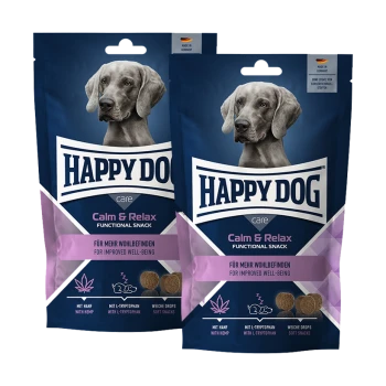 Happy Dog Calm & Relax funktionaler Hundesnack mit Hanf und L-Tryptophan zur Verbesserung des Wohlbefindens, weiche Drops.