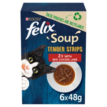Purina Felix Soup Tender Strips packaging shows a playful black and white cat, a soup bowl, and flavors: beef, chicken, lamb.