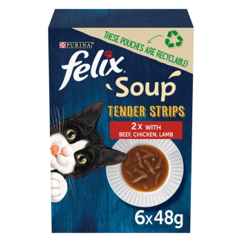 Purina Felix Soup Tender Strips packaging shows a playful black and white cat, a soup bowl, and flavors: beef, chicken, lamb.