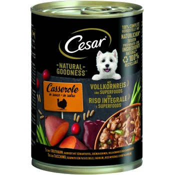 Boîte de nourriture pour chiens Cesar Natural Goodness avec un plat de dinde, patates douces, haricots verts et riz complet.