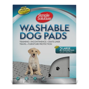 Packaging for Simple Solution Washable Dog Pads shows a dog on a pad, with "NEW" and "2 LARGE WASHABLE PADS" highlighted.