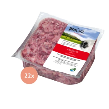 Verpacktes rohes Rindfleischkopf-Fleisch für Hunde, beschriftet mit 'proCani buy nature', mit einer Notiz auf Deutsch über natürliche Zutaten. Menge: 22x.