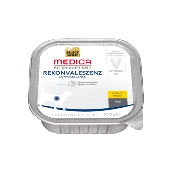 Sélection de nourriture pour chiens Gold Medica Veterinary Diet Convalescence, 100g, avec une haute densité énergétique, style pâté, avec l'étiquette "Huhn/Poulet".