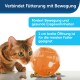 Eine Katze nähert sich neugierig einem orangefarbenen Futterball, der mit Trockenfutter gefüllt ist, mit Text, der die Vorteile für Bewegung und gesunde Essgewohnheiten hervorhebt.