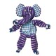 Jouet éléphant en peluche violet avec un ventre à carreaux bleu et blanc, présentant des membres en corde et de grands yeux expressifs.