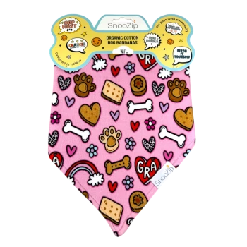Pink SnooZip M/L dog bandana labeled 'Organic Cotton' with bones, paw prints, hearts, biscuits and rainbow.
