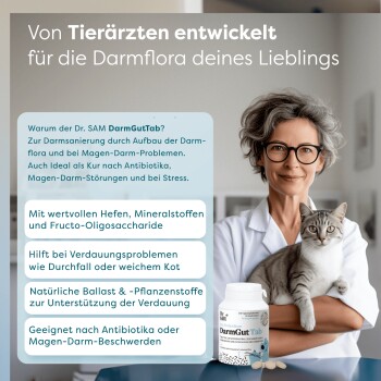Tierarzt hält eine Katze neben Dr. SAM DarmGutTab Ergänzung für die Verdauungsgesundheit von Haustieren mit deutschen Textdetails.