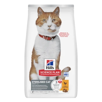 Hill's Science Plan voerzak met een oranje-witte kat met rode halsband; tekst 'Sterilised Cat', 'with chicken', '3 Essential Benefits'.