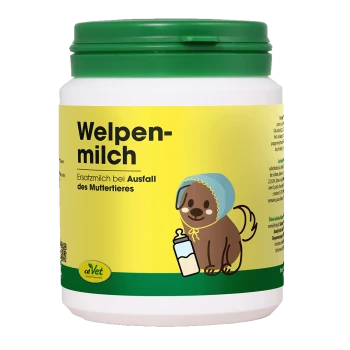 Behälter mit Welpenmilch-Ersatz, mit einer Cartoon-Welpe, die eine Haube trägt und eine Flasche hält, beschriftet auf Deutsch.