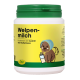 Behälter mit Welpenmilch-Ersatz, mit einer Cartoon-Welpe, die eine Haube trägt und eine Flasche hält, beschriftet auf Deutsch.