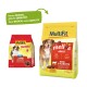 Deux paquets de nourriture pour chiens MultiFit : à gauche rouge étiqueté "mellos Adult mit Rind und Karotten", à droite jaune étiqueté "mellos Adult Rind & Karotte."