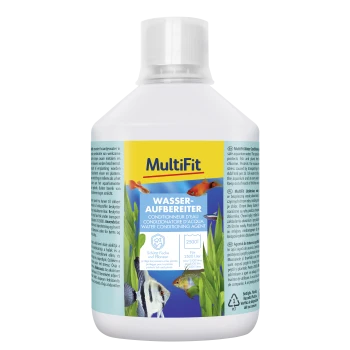 Flacon d'agent de conditionnement d'eau MultiFit pour 2500 litres, protège poissons et plantes, avec illustration de poissons et plantes aquatiques.