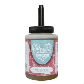 Flasche mit Kräuteröl für Haustiere mit einer schwarzen Düse, mit einem hellblauen Etikett, das 'Tierliebhaber' und 'Kräuter-Öl' liest.