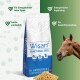 Ein Beutel von Wisan Functional Feed für Pferde mit dem Kopf eines braunen Pferdes und granuliertem Futter, das die Vorteile von Energie und Verdaulichkeit hervorhebt.