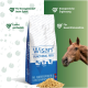Ein Beutel von Wisan Functional Feed für Pferde mit dem Kopf eines braunen Pferdes und granuliertem Futter, das die Vorteile von Energie und Verdaulichkeit hervorhebt.