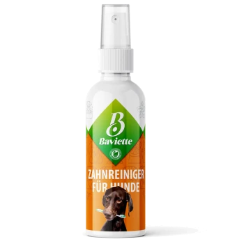 Weißer Sprühflakon mit Aufschrift 'Baviette Zahnreiniger für Hunde' und Hund, der eine Zahnbürste hält.