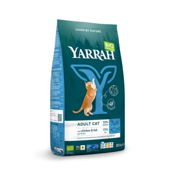 Adult Biologisch Droogvoer 2.4 kg Kip en vis Yarrah biologische kattenvoerzak, 800g, met een speelse kattenillustratie, gelabeld 'Volwassen kat met kip en vis,' 30% eiwit, 13% vet.
