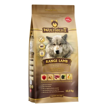 Premium-Hundefutterbeutel mit der Aufschrift "WOLFSBLUT RANGE LAMB", der ein Wolfsgesicht zeigt, mit Details zu Lamm- und braunem Reis als Zutaten, 12,5 kg.