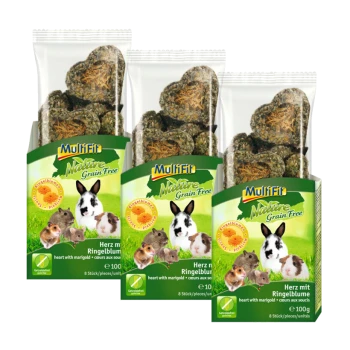 Drei Pakete Multifit Nature Grain Free Haustierleckerlis, mit herzförmigen Snacks mit Ringelblume, geeignet für kleine Tiere.
