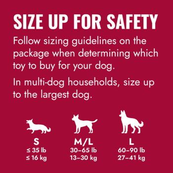 Poster: "SIZE UP FOR SAFETY" guidance for dog toy sizing. Sizes shown: S ≤35 lb (≤16 kg); M/L 30–65 lb (13–30 kg); L 60–90 lb (27–41 kg)