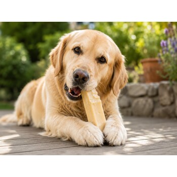 Golden Retriever auf einem Holzdeck kaut an einem beigen Kauknochen, hält ihn mit den Pfoten, verschwommener Gartenhintergrund.