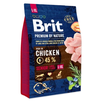 Tüte mit Brit Premium Hundefutter für ältere große und extra große Rassen, mit 45 % Huhn, mit Bildern von Hühnerstücken und Heidelbeeren.