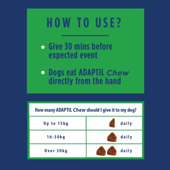 Instructions for using ADAPTIL Chew for dogs, including timing and feeding method, with a dosage chart based on dog weight.