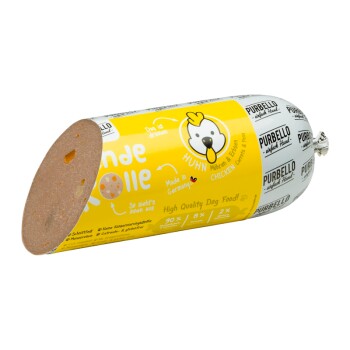 Hochwertiger Hundewurst mit der Aufschrift "Hunde Rolle" mit Huhn und Karotten, hergestellt in Deutschland, mit einem verspielten Design und Nährwertinformationen.
