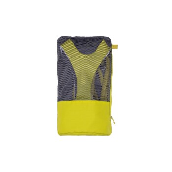 Eine gelb-graue Haustiertrage mit einem Netzoberteil und einem mit Reißverschluss versehenen unteren Fach, entworfen für Belüftung und Komfort.