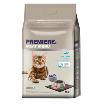 Katze-Futterbeutel mit der Aufschrift 'Premiere Meat Menu' mit Lachs, mit einer getigerten Katze und einer Schüssel mit Trockenfutter. 55% Fleischanteil. 4kg.