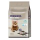 Cat food bag labeled "Premiere Meat Menu" with salmon, featuring a tabby cat and a bowl of kibble. 55% meat content. 4kg.